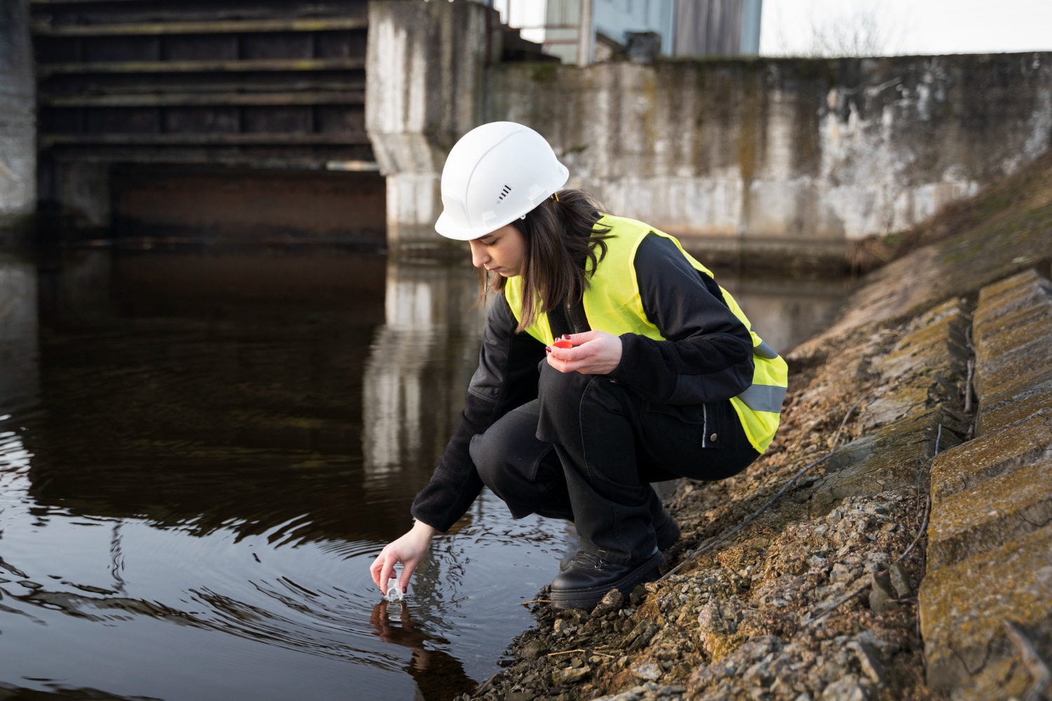Contrôle de l’eau par une technicienne pour assainissement à Caen.